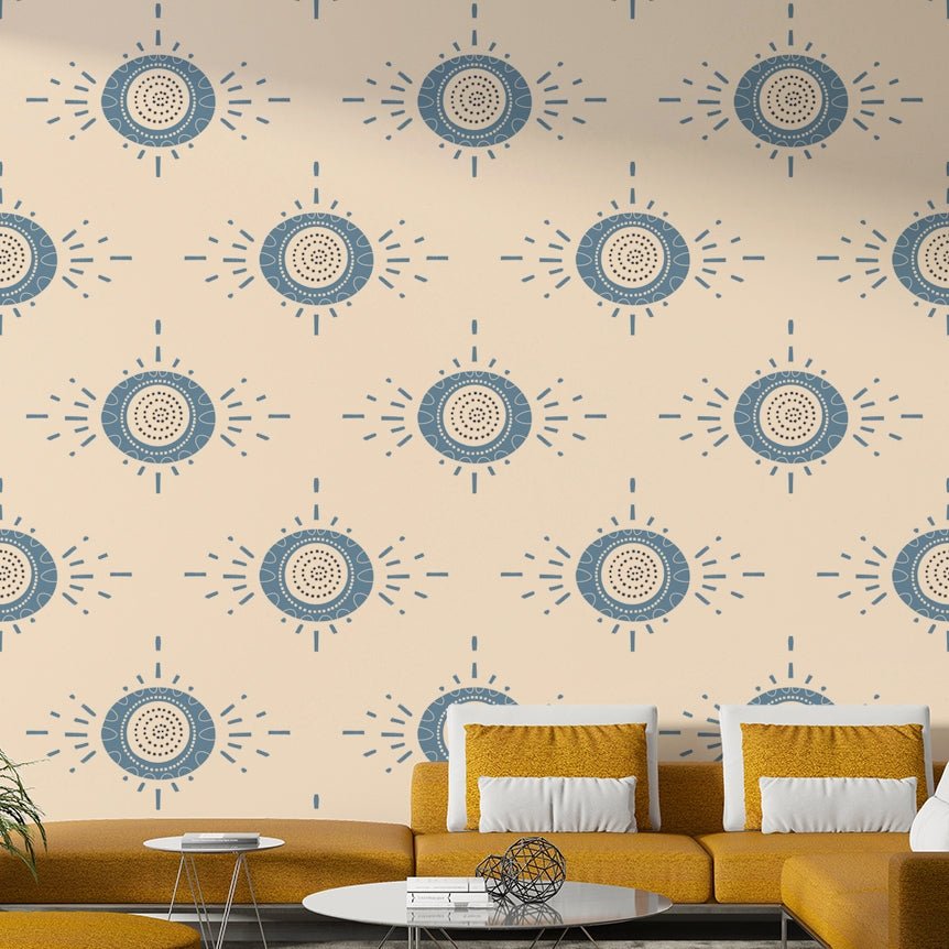 Mid Mod floral pattern wallpaper on a feature wall in a dining room.