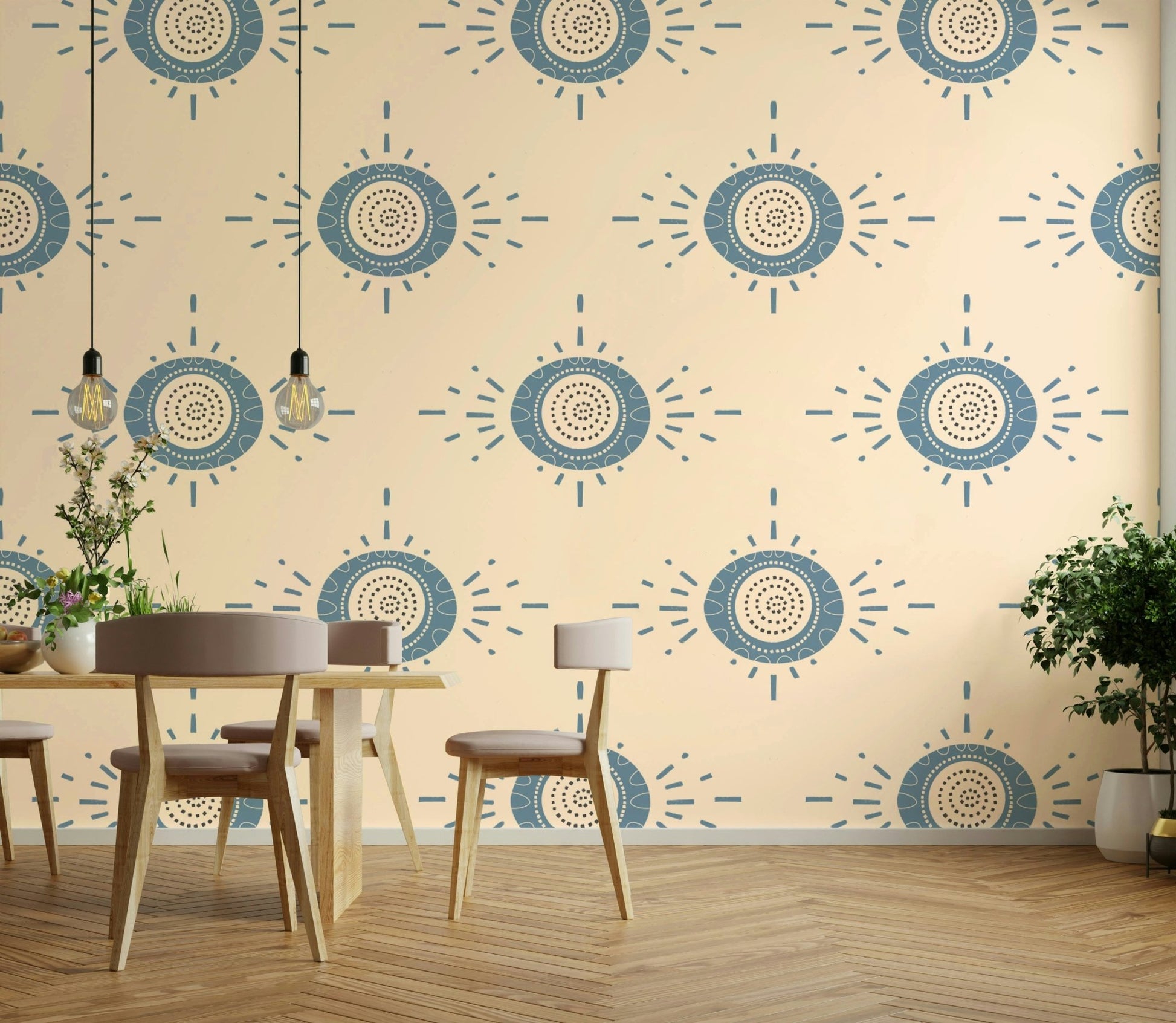 Symmetrical floral pattern in dusty blue and cream for a kitchen breakfast nook wallpaper.
