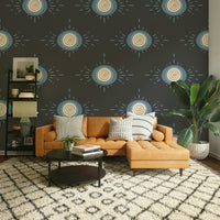 Elegant mid-century modern wallpaper with soothing blue and cream tones

