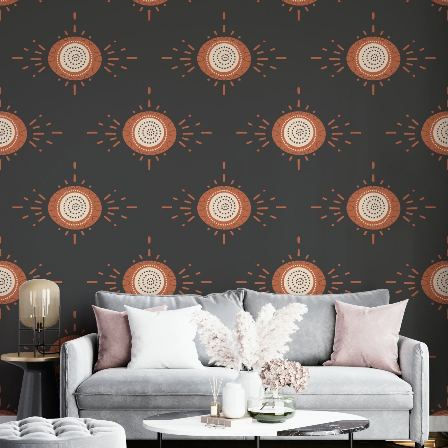 Bold floral patterns with a warm terracotta and deep charcoal contrast

