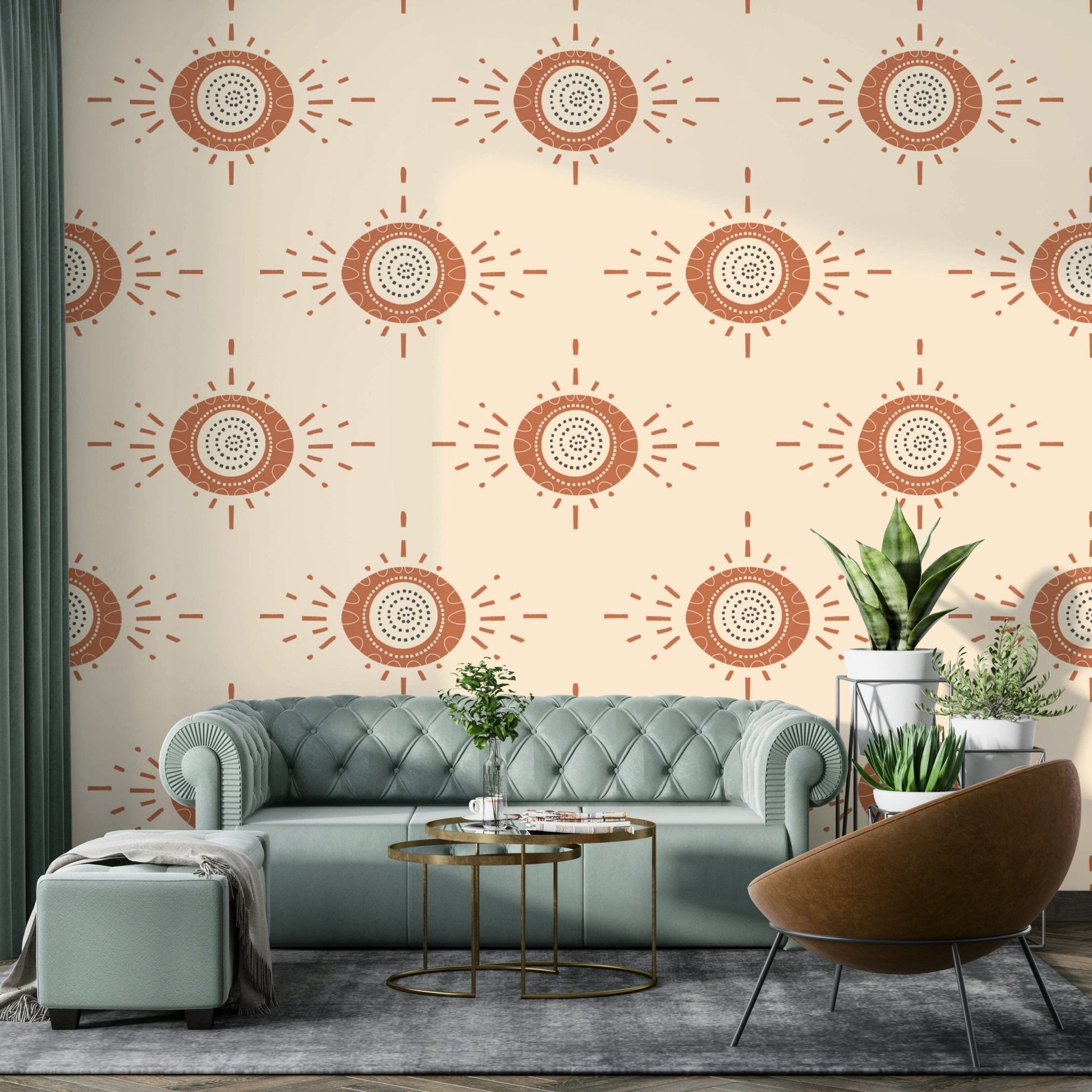 Scandinavian-inspired floral wallpaper blending terracotta and cream

