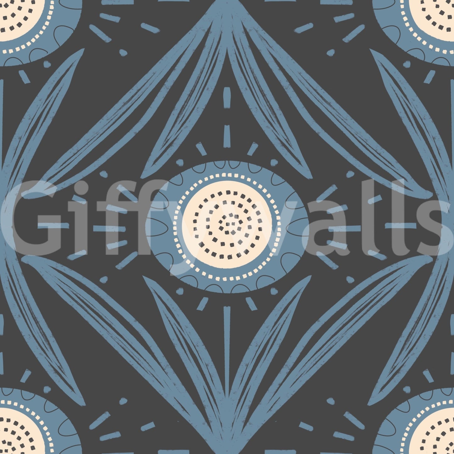 Retro wall design with blue floral motifs
