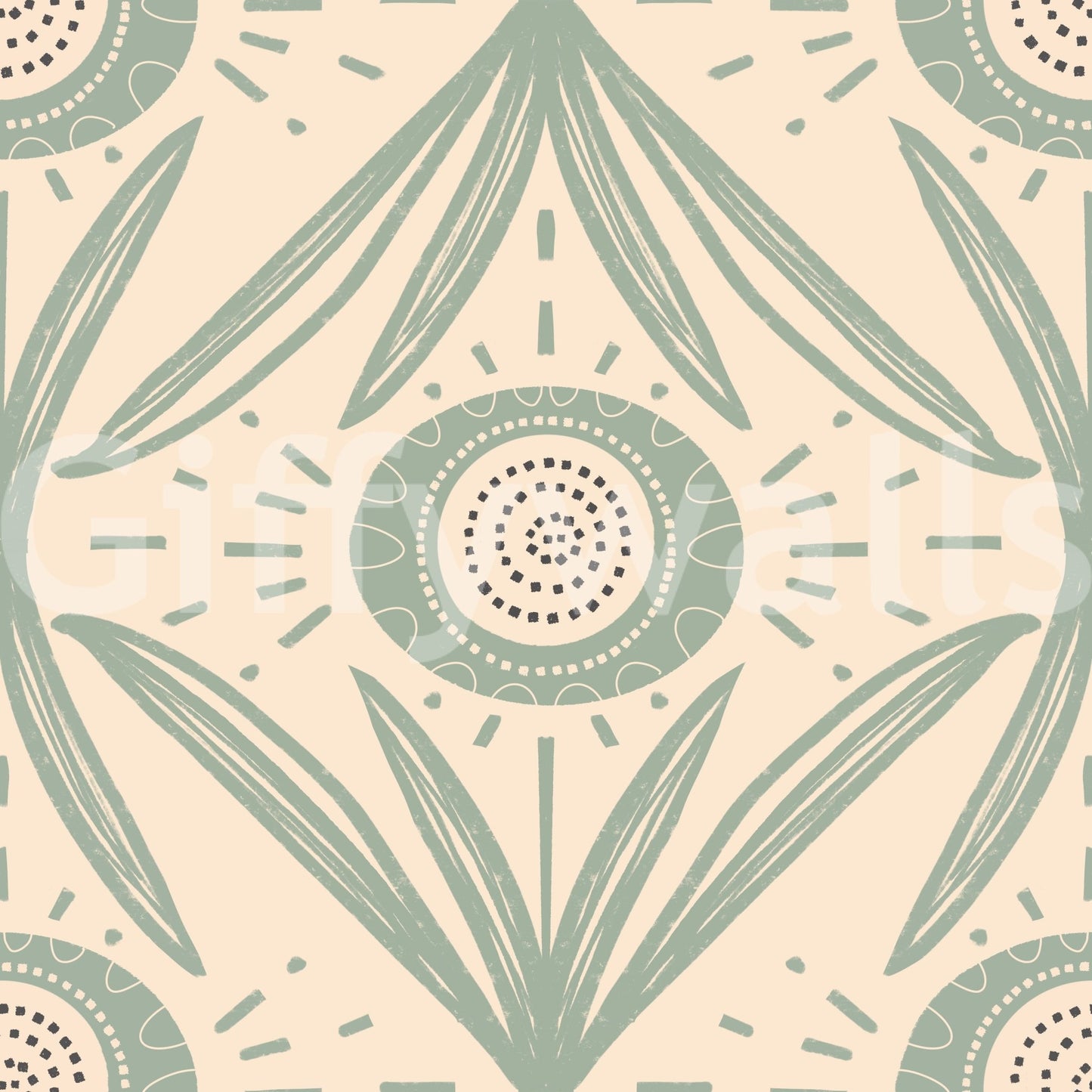 Artistic mural wallpaper in cream and sage

