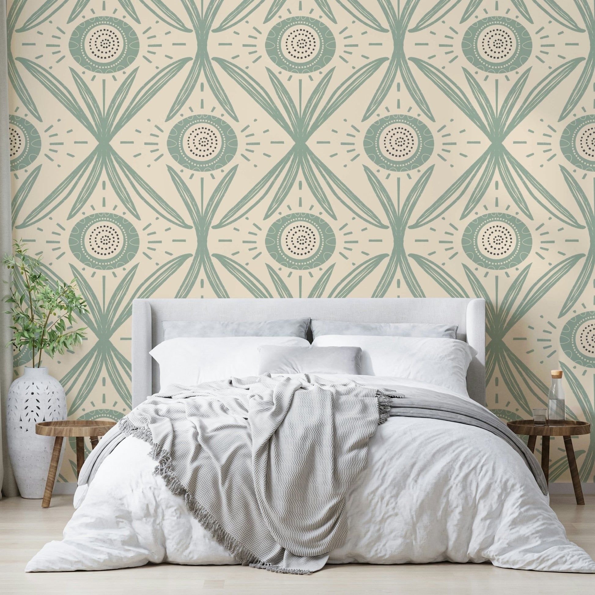 Light cottage room with floral wall mural

