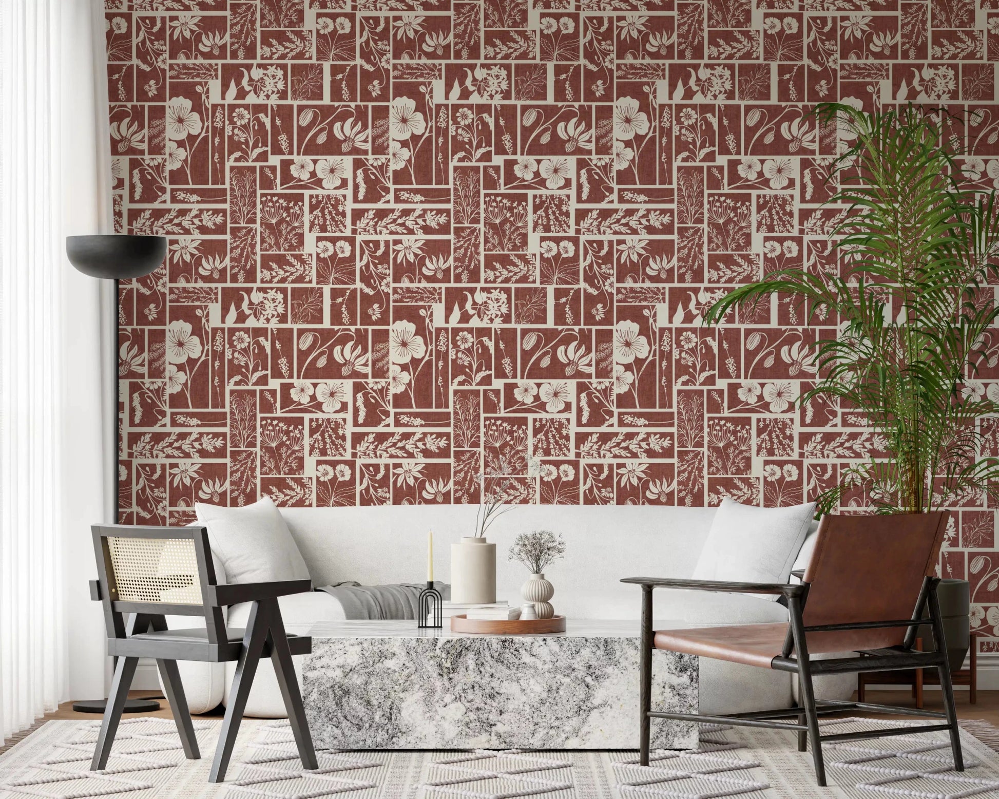 Terracotta floral wallpaper with white botanical motifs