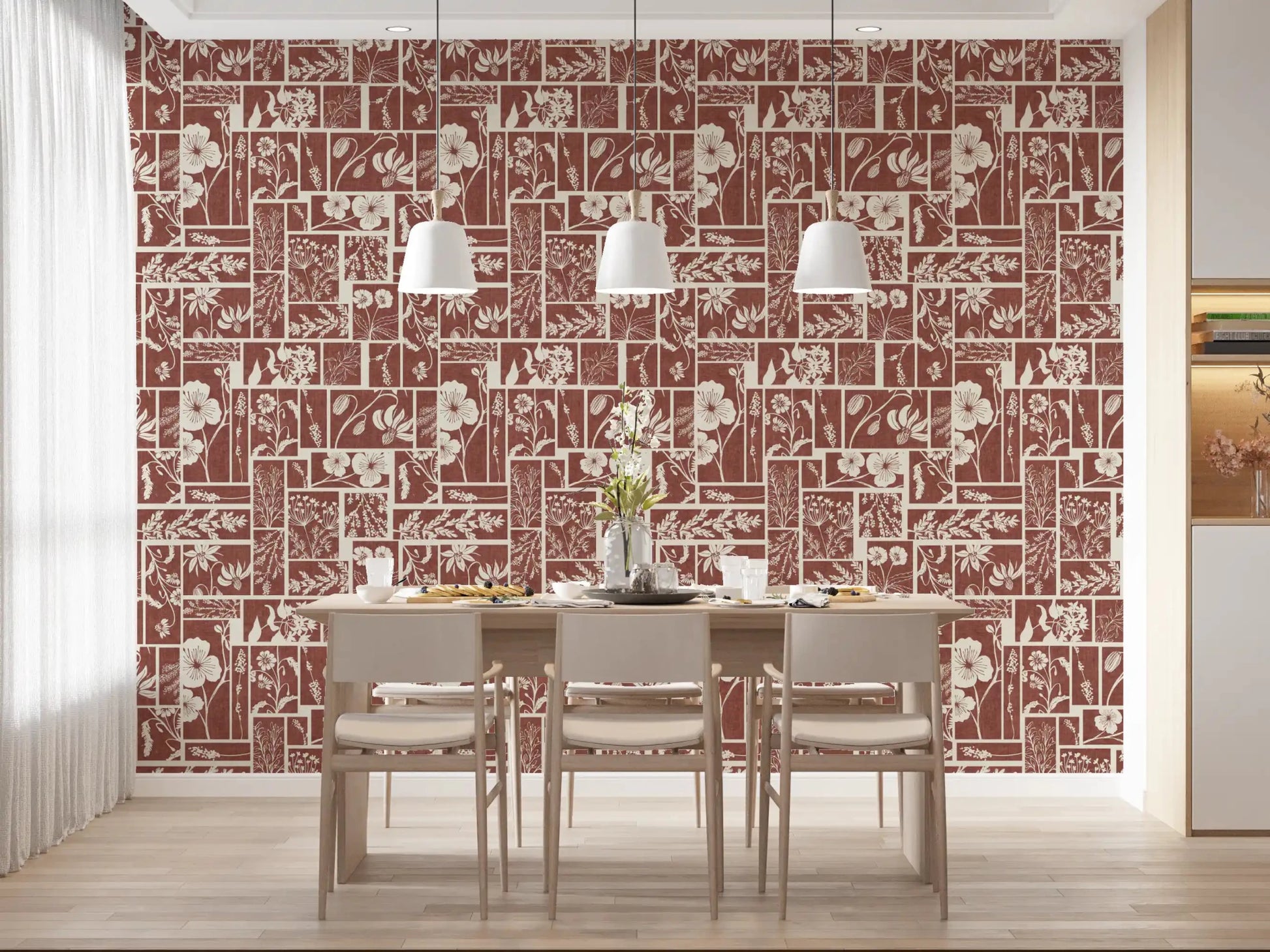 Botanical tile wallpaper with warm earthy background