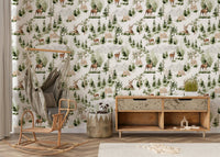 Forest Dreamscape wallpaper mural deer and green pine trees.