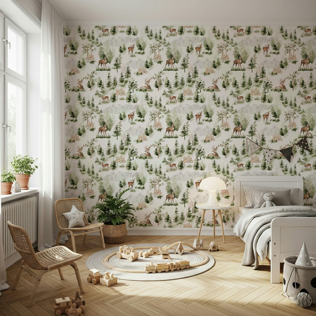 Watercolor Forest Dreamscape wall decor with woodland animals.