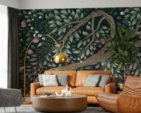 Green forest wall mural in kids room, simple woodland scene, modern decor