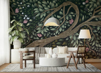 Green forest wall mural in modern living space, natural colour tones, feature wall