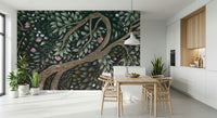 Evergreen forest wallpaper mural for home office, clean modern style, green tones