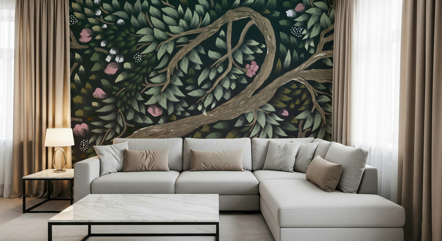 Woodland mural in reading nook, gentle green tones, minimalist décor
