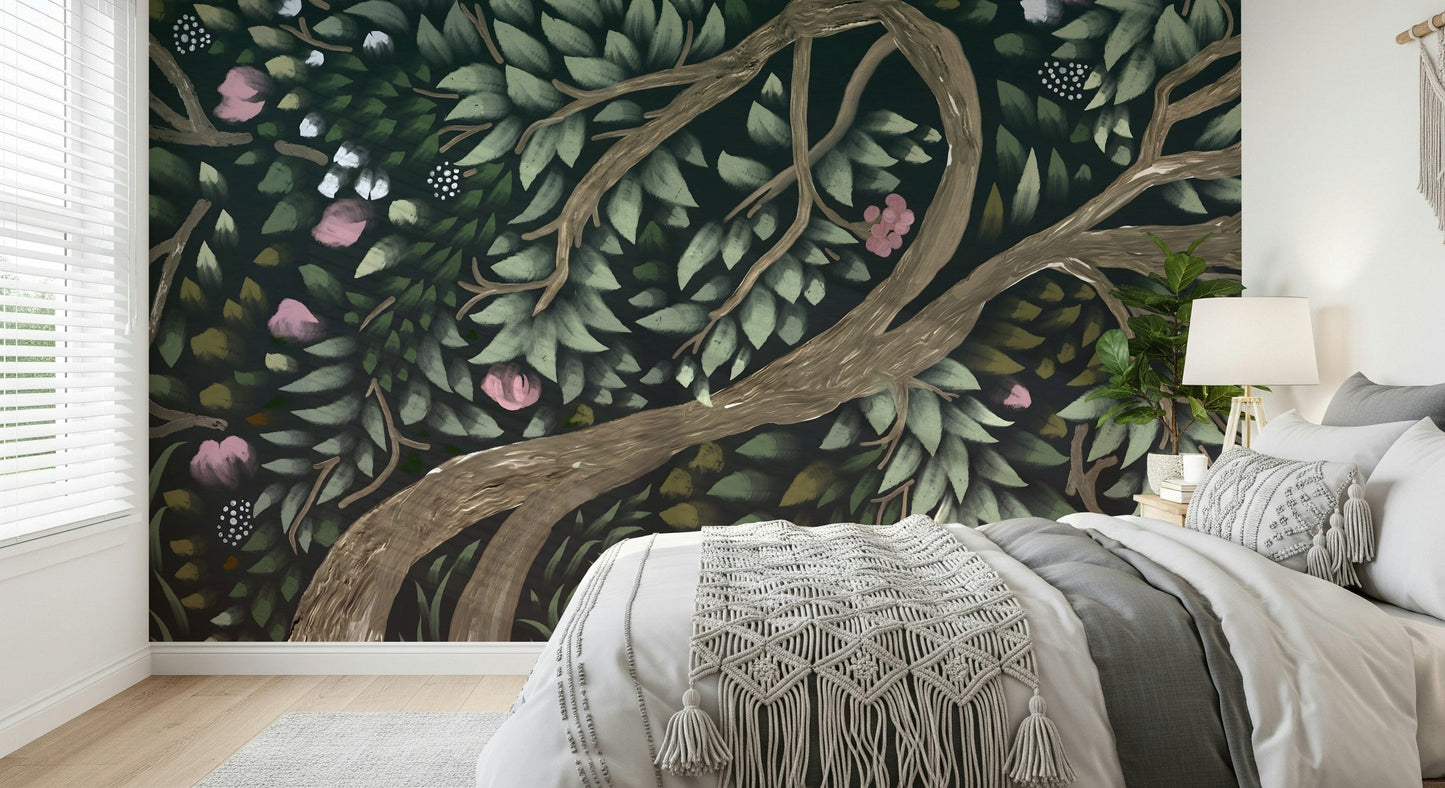 Misty woodland mural behind sofa, rich greens, modern home styling backdrop