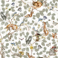 Reading nook wallpaper in chinoiserie style, leafy pattern and forest animals, calm color