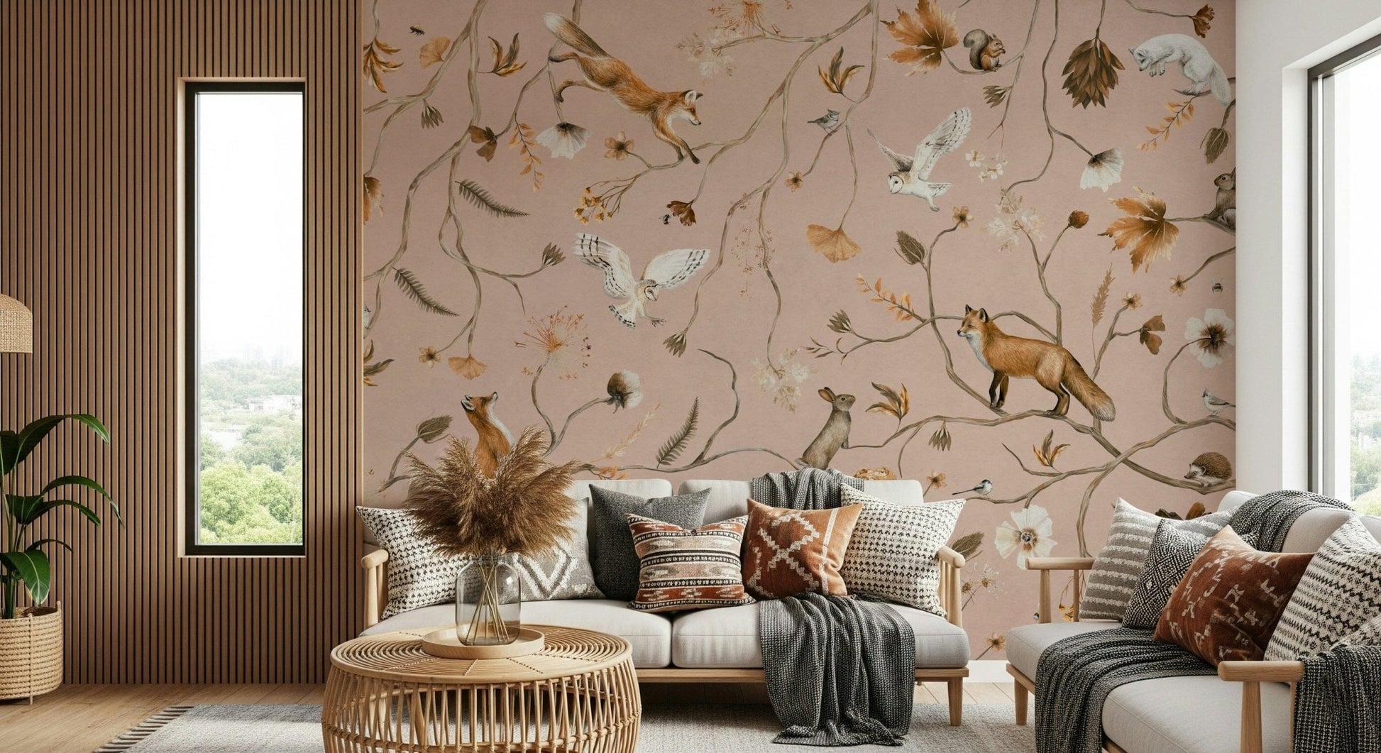 Artistic wall covering blending forest wildlife with a fable-inspired design