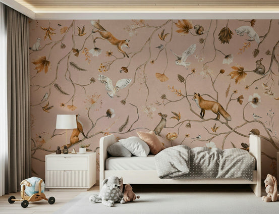 Detailed mural of forest creatures in a charming fable-like environment