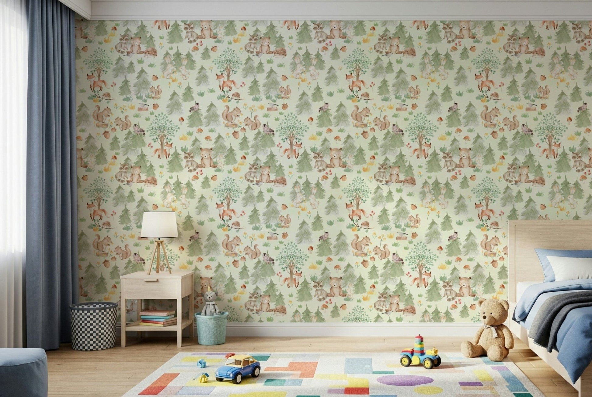 Woodland creatures mural soft greens and pale background.