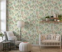 Enchanting wallpaper pattern, baby forest animals outdoors.