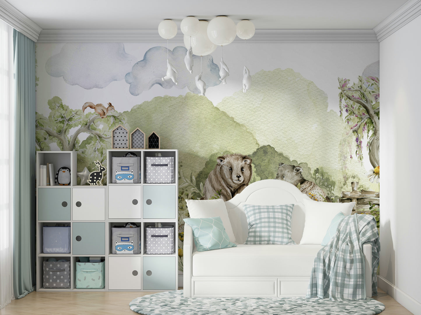 Child-friendly wall mural with forest creatures

