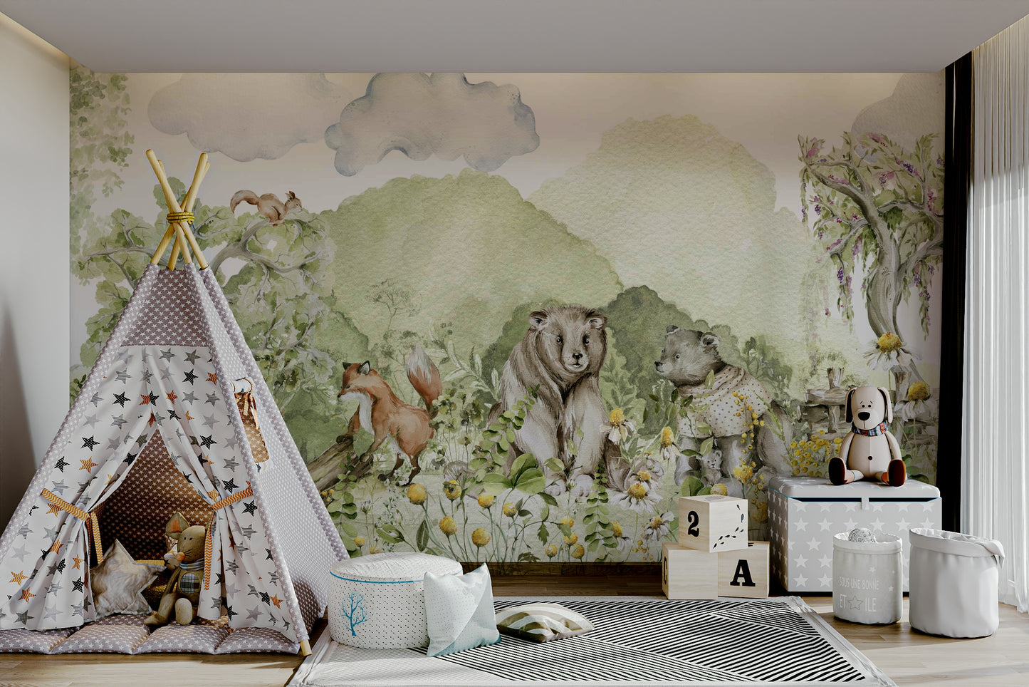 Nature-inspired mural wallpaper with animals

