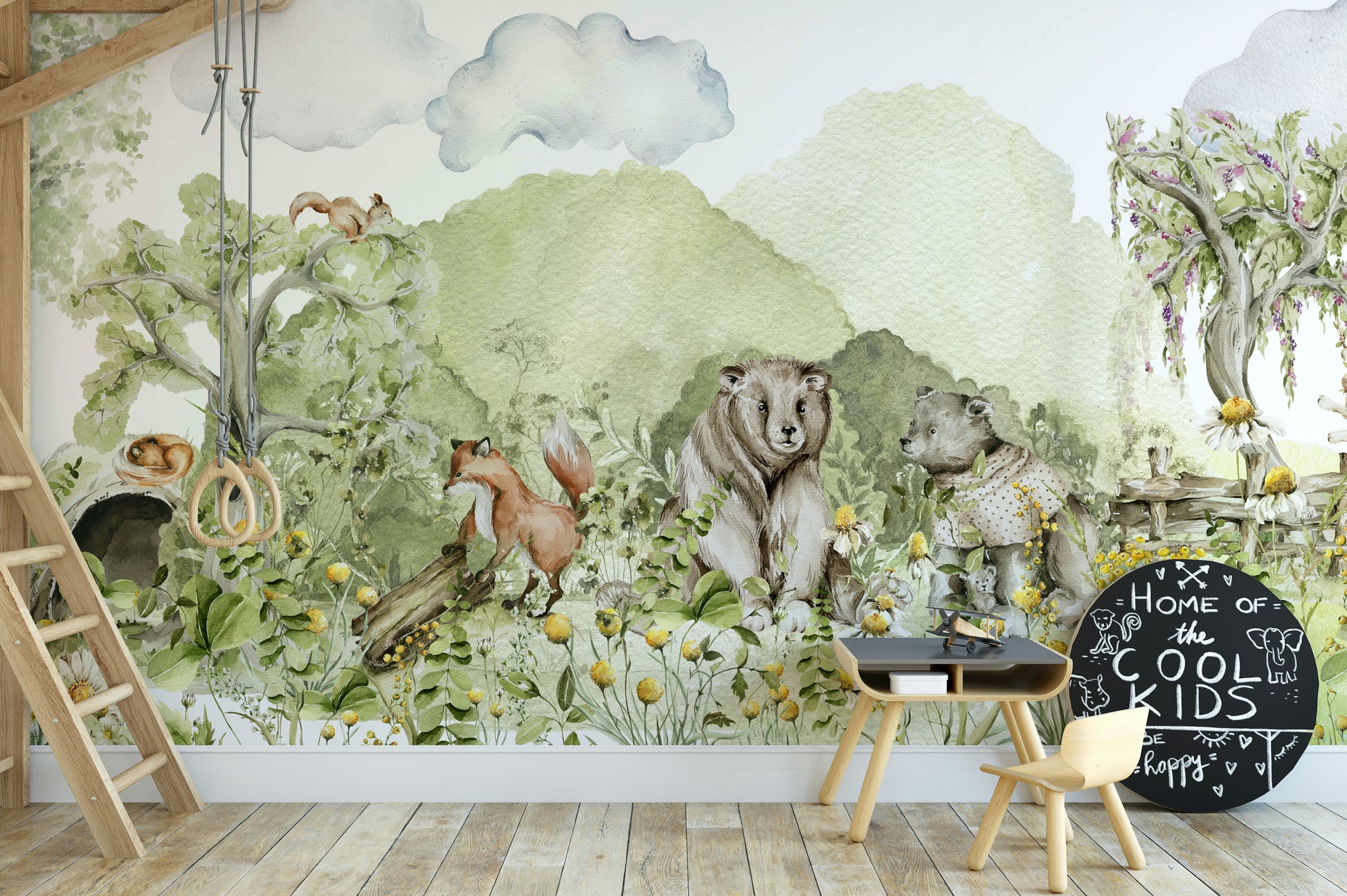 Nursery wall mural with deer and trees

