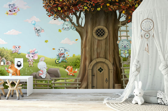 A cheerful wall mural with a whimsical, woodland animal design.

