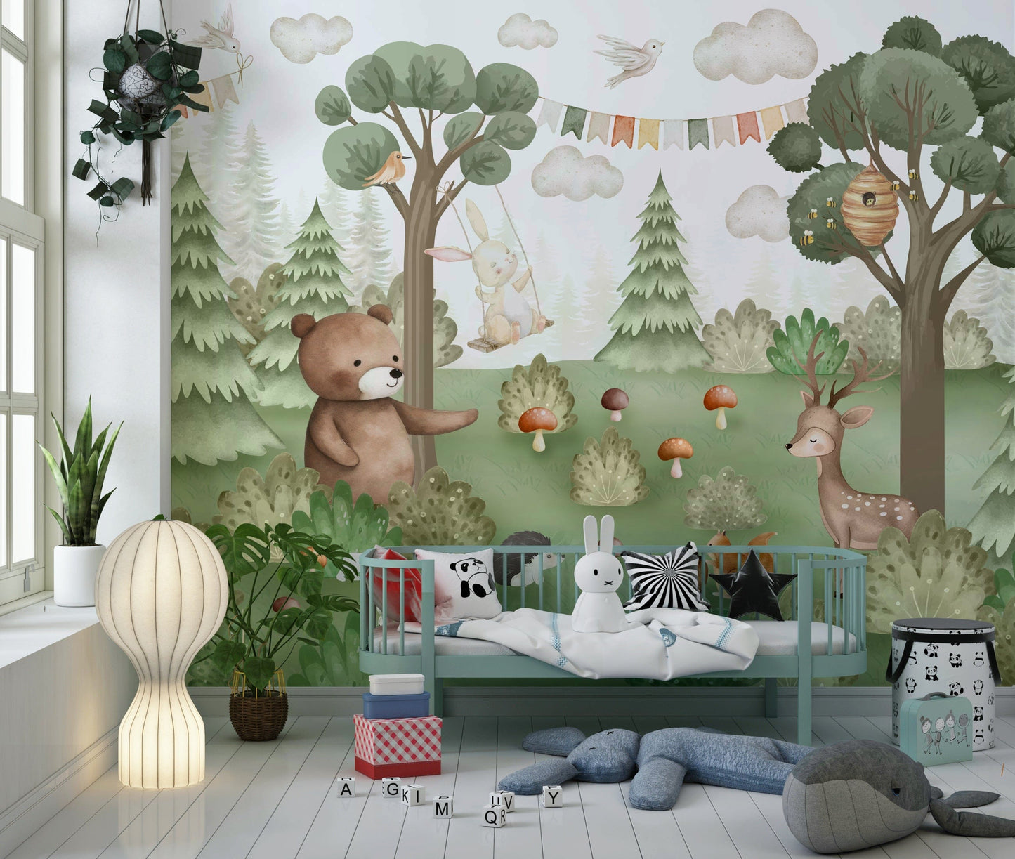 Matte finish peel and stick wallpaper with forest art.