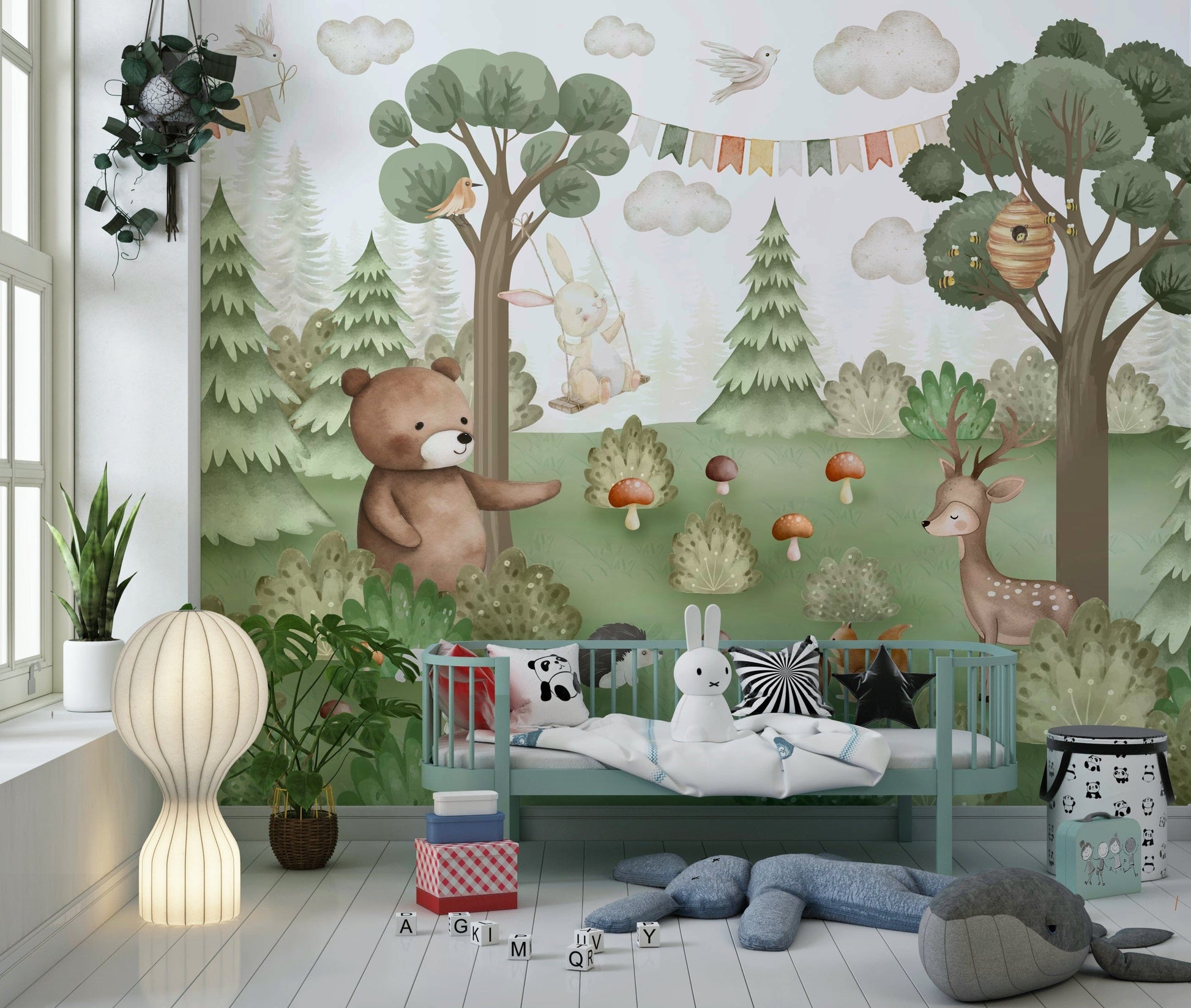 Matte finish peel and stick wallpaper with forest art.
