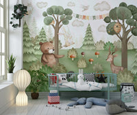 Matte finish peel and stick wallpaper with forest art.