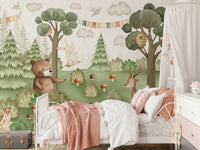Kids wall decor featuring friendly bears and tall trees.