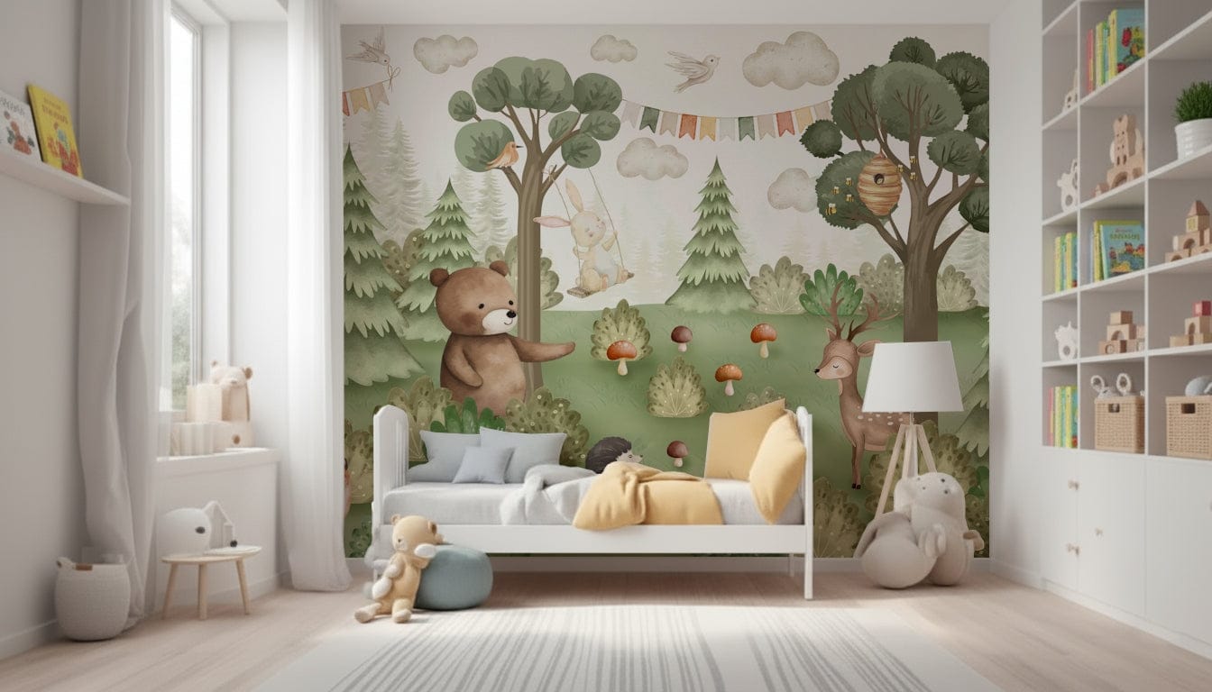 Close up of deer and rabbit illustrations on wallpaper.