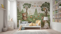 Close up of deer and rabbit illustrations on wallpaper.