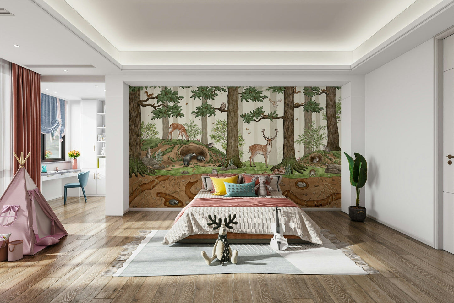 A peaceful woodland scene mural on decorative wallpaper.

