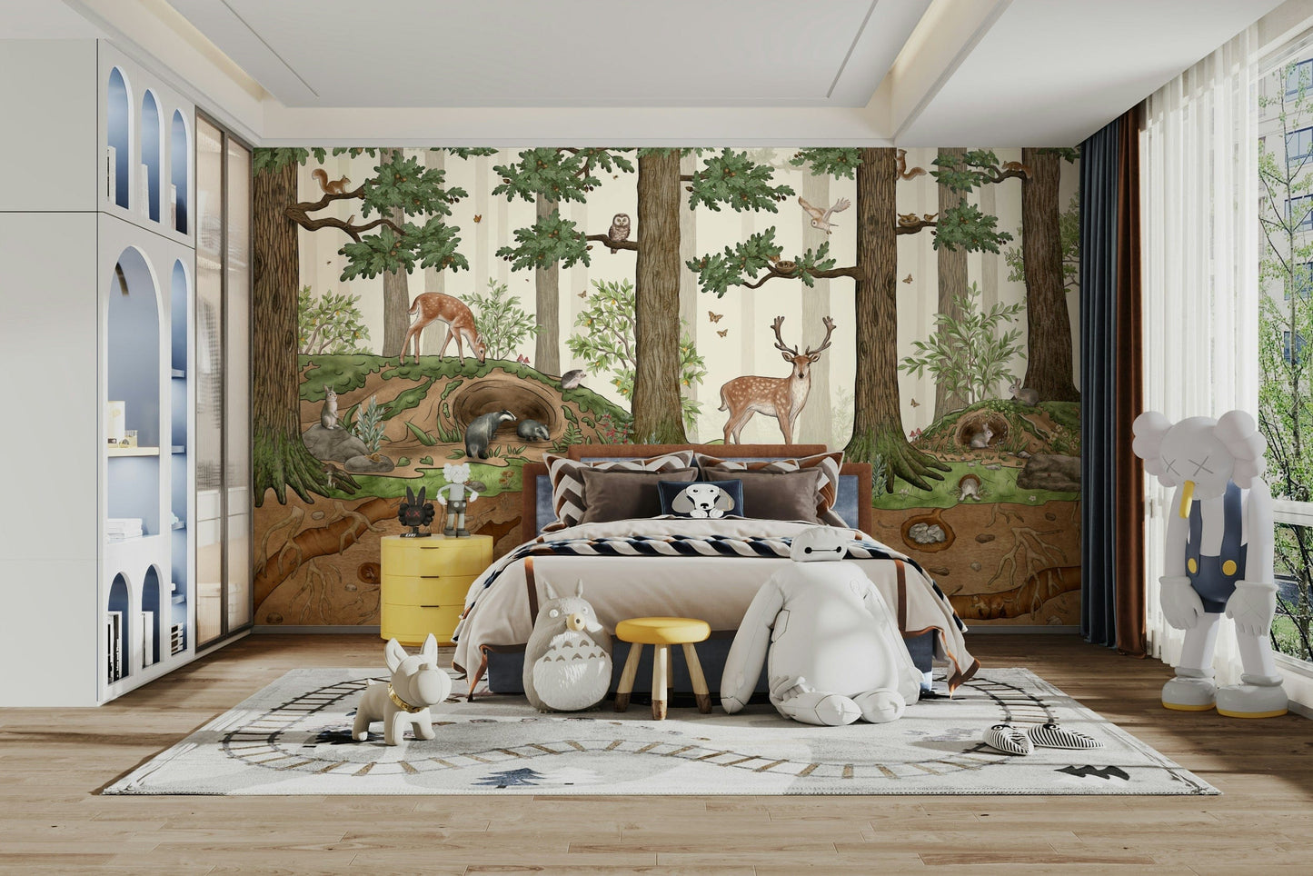 An artistic cute animal mural on minimalist wallpaper.

