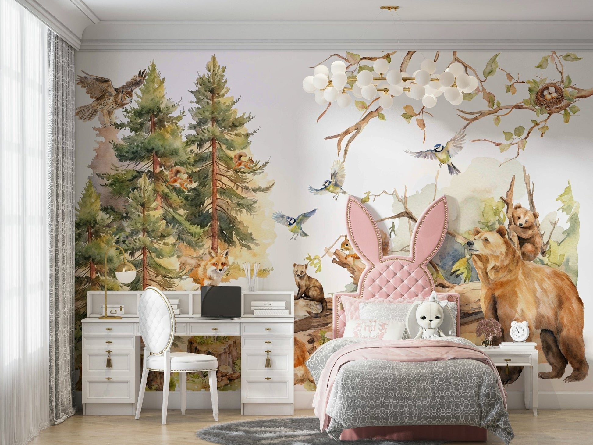 Design featuring friendly rabbits, foxes, and bears.

