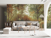 Atmospheric Forest Glow Wall Mural capturing a bright sunlit wood for living room