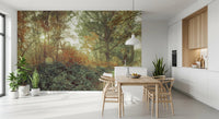 Detailed Forest Glow Wall Mural with warm amber and green tree tones.