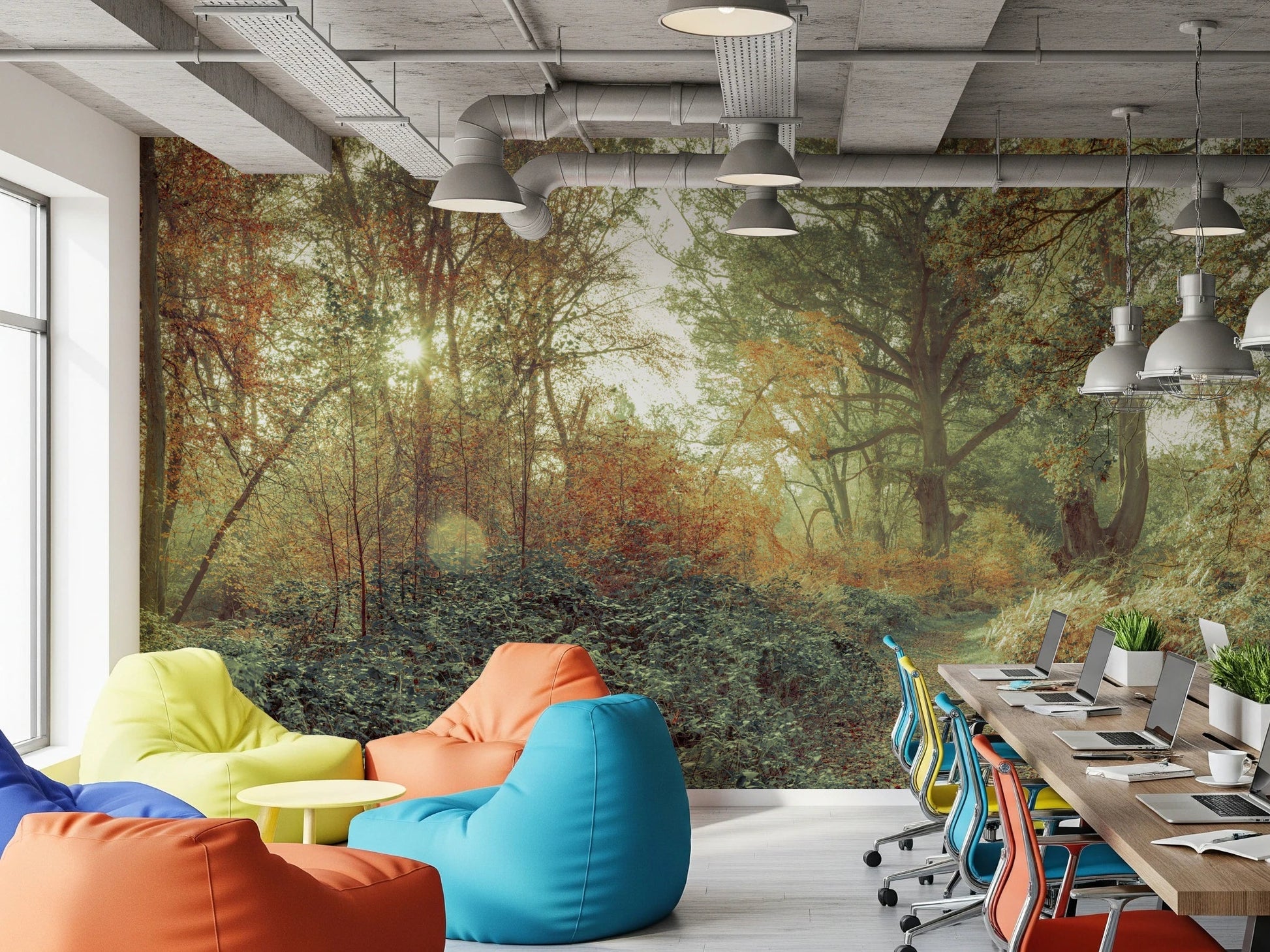 Artistic Forest Glow Wall Mural showcasing a quiet woodland canopy.