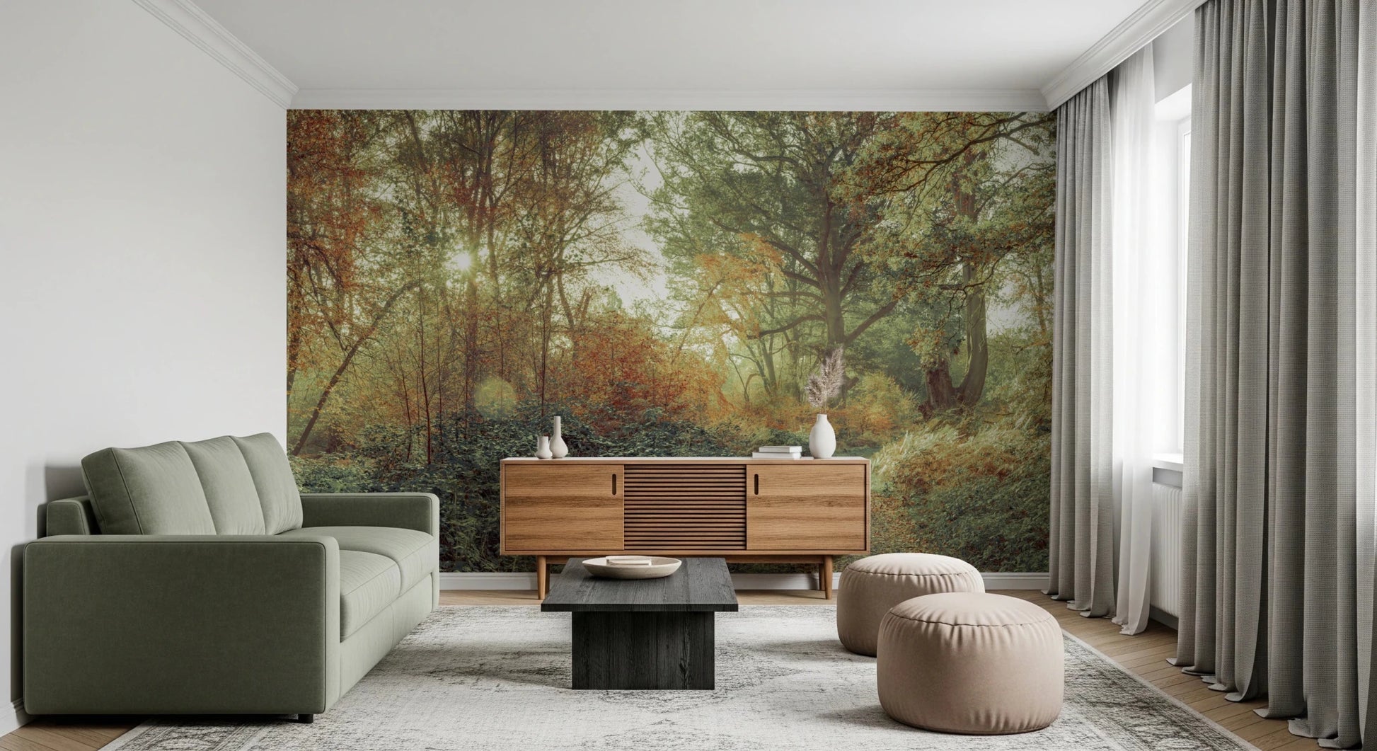Forest Glow Wall Mural displaying a peaceful woodland path in soft light for living room.