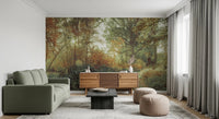 Forest Glow Wall Mural displaying a peaceful woodland path in soft light for living room.
