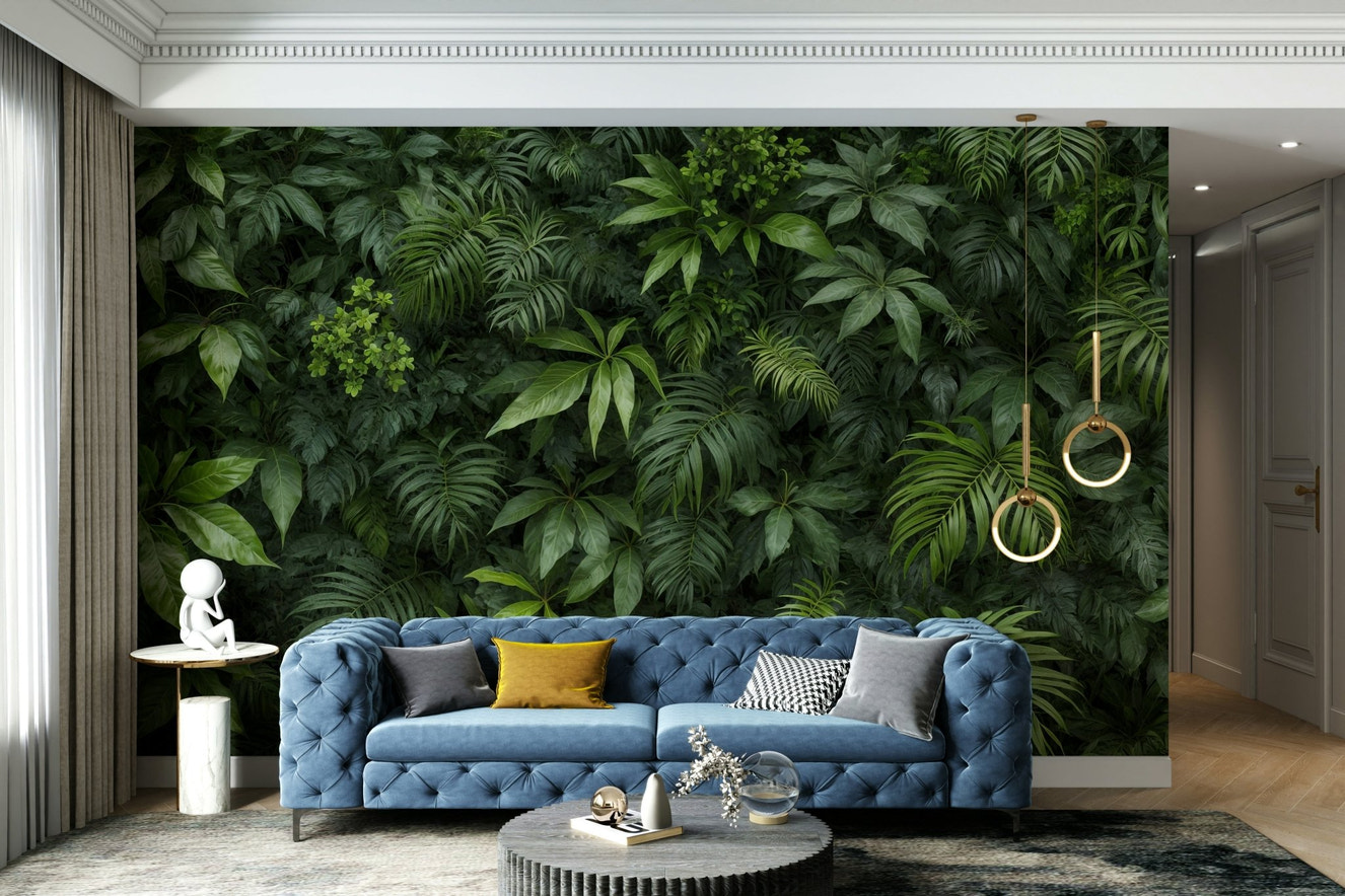A wall mural depicting a dense wall of various types of green leaves.

