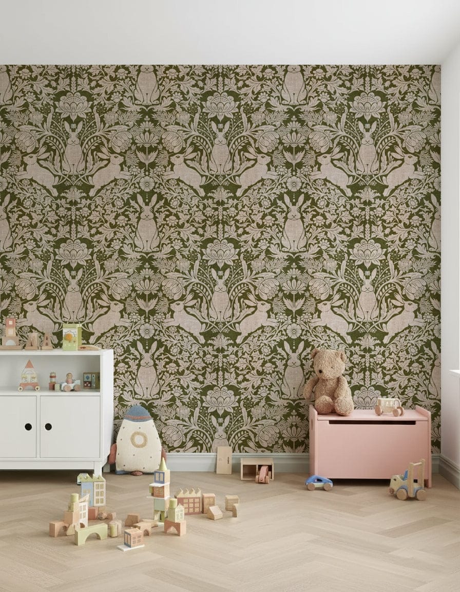 Decorative tapestry-style mural of a hare surrounded by lush forest foliage.