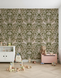 Decorative tapestry-style mural of a hare surrounded by lush forest foliage.