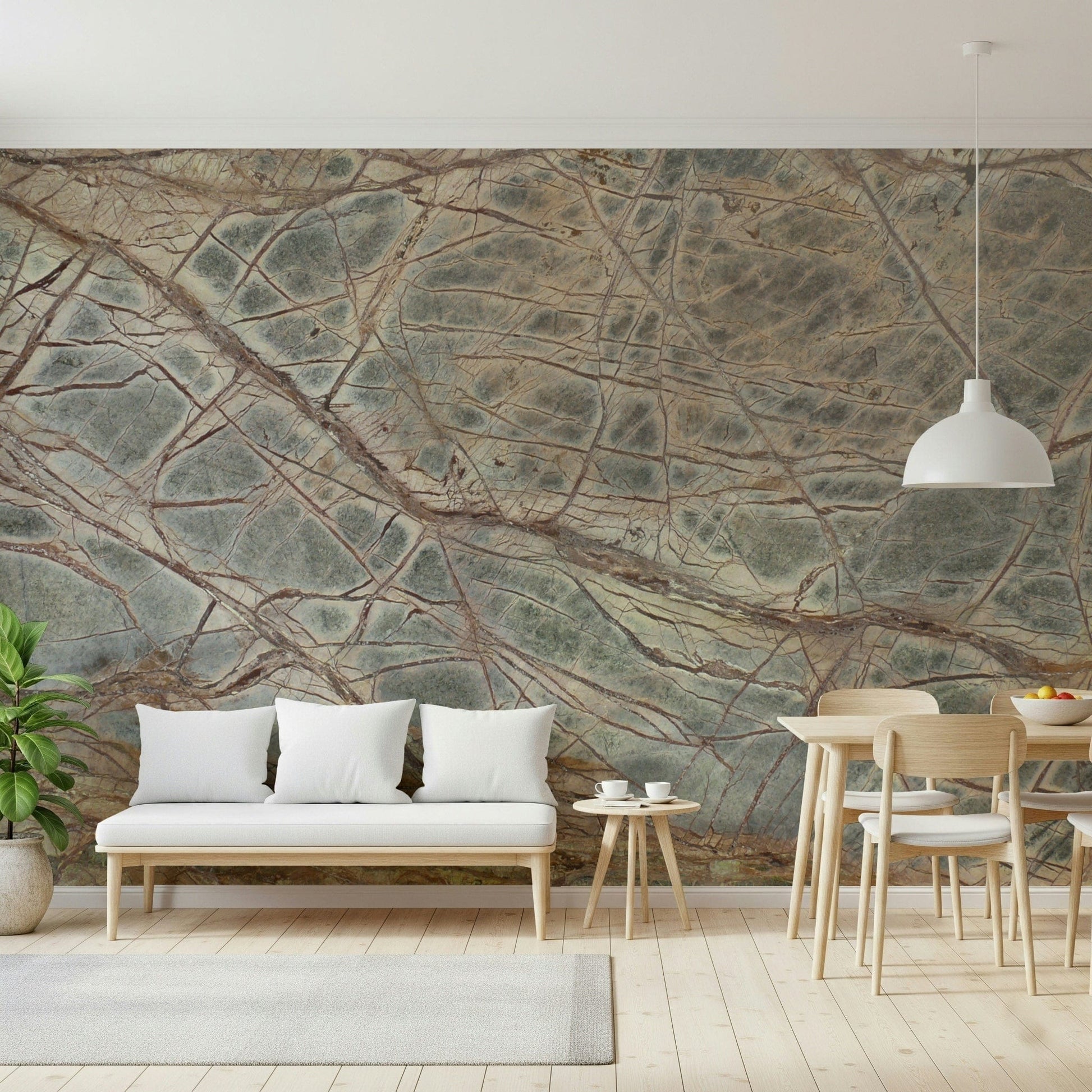 An artistic lush forest floor mural on luxury wallpaper.