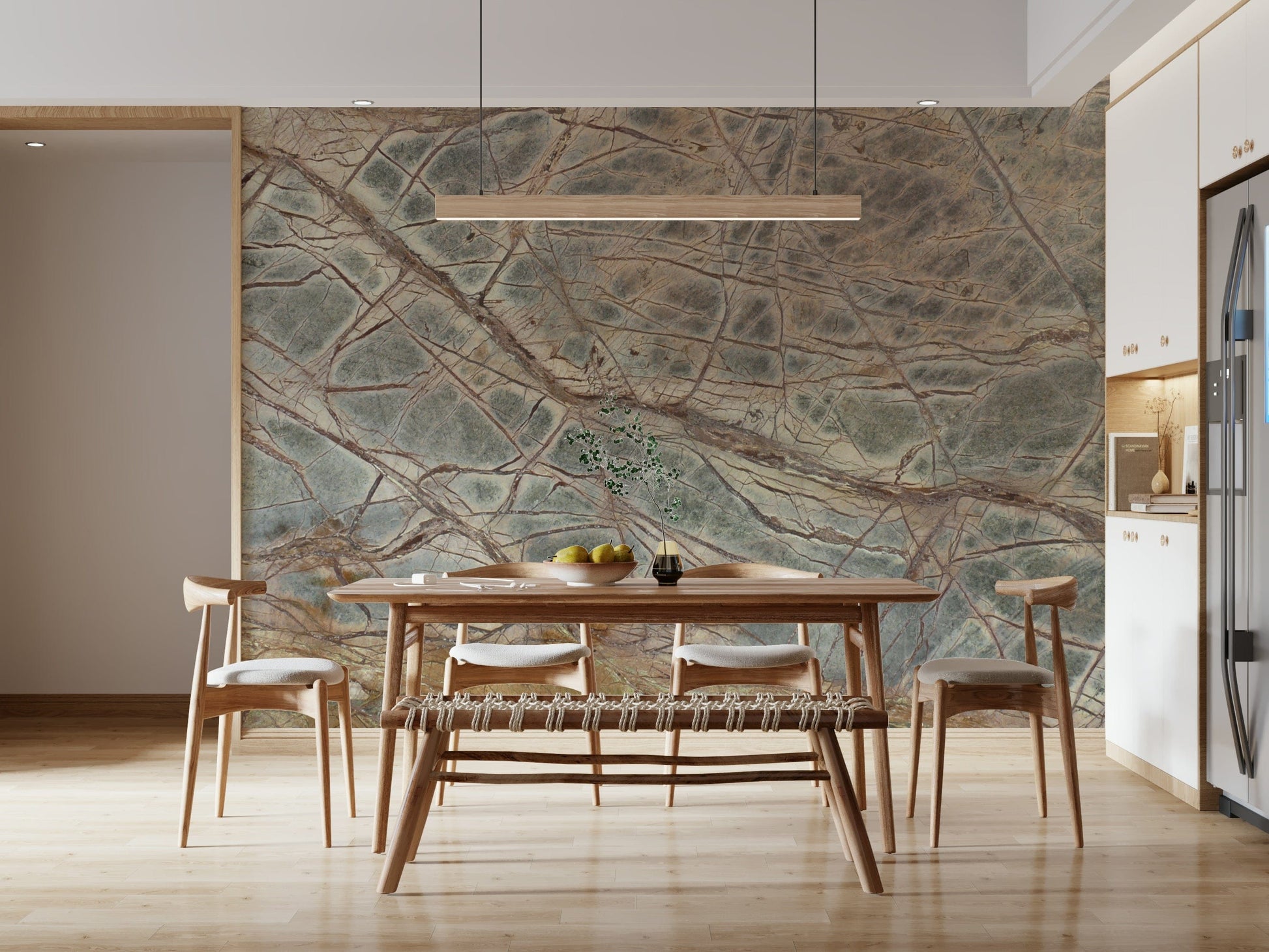 A serene abstract stone wall mural in deep, earthy tones.