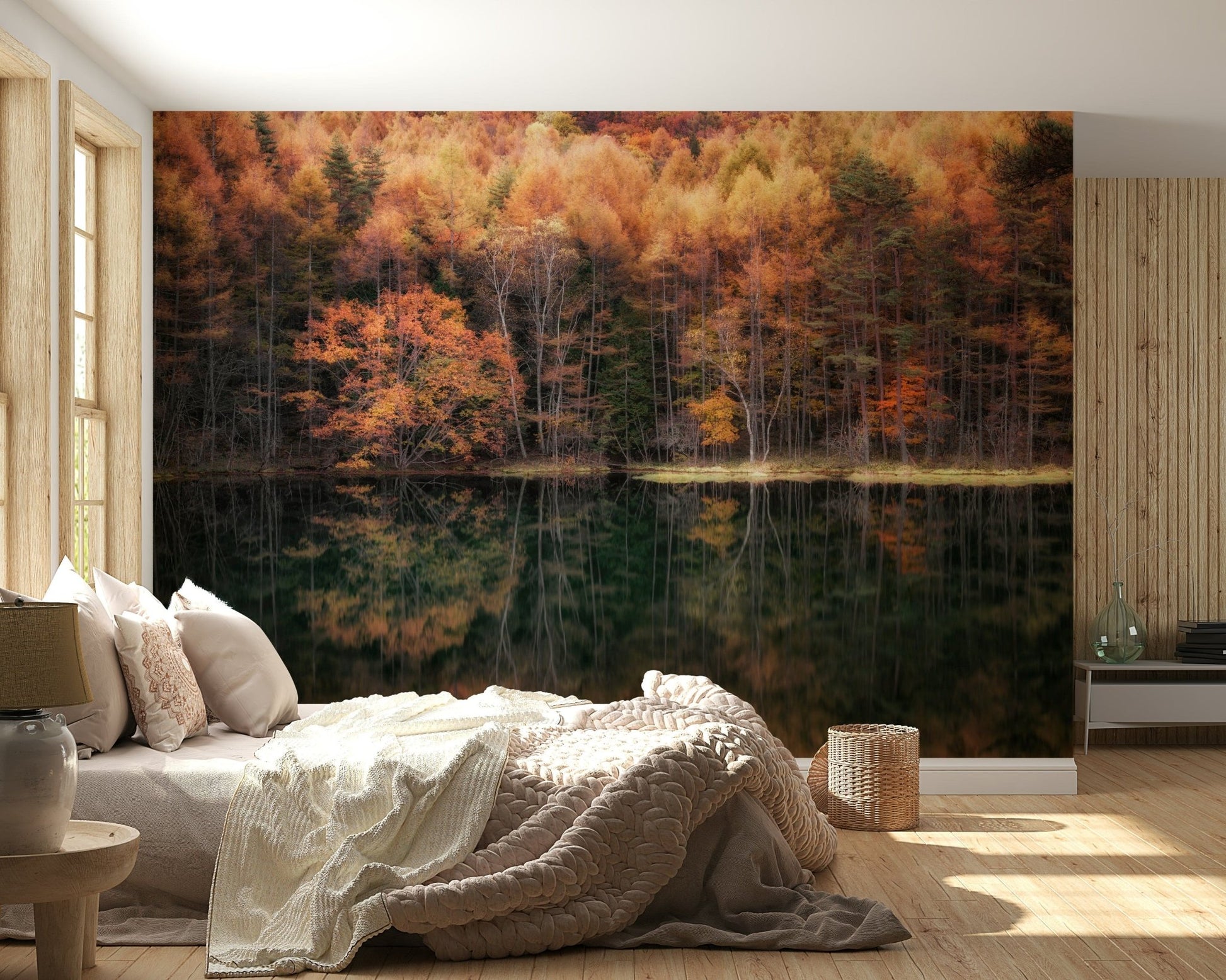 Forest Mirror Peaceful woods panorama, fiery leaves above, dark rippled liquid below.