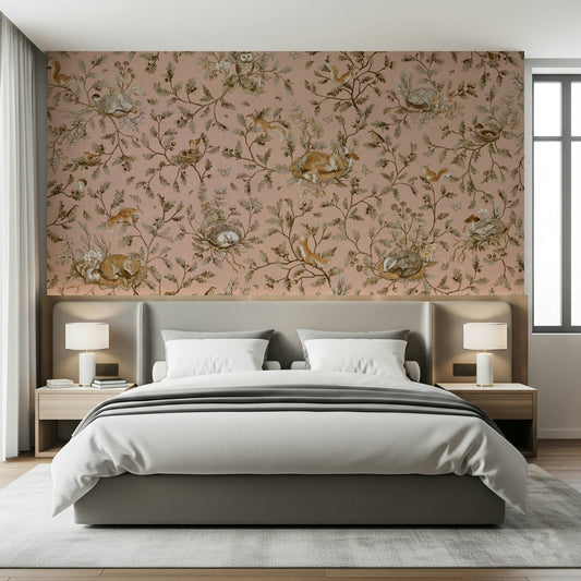 Forest Nap wallpaper mural in soft pink above a grey upholstered bed with white nightstand lamps in a bedroom