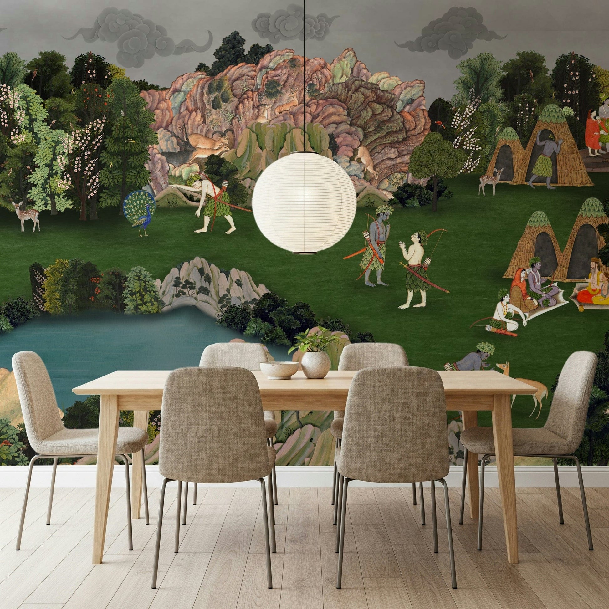Forest Wallpaper mural showing tall trees and soft green tones