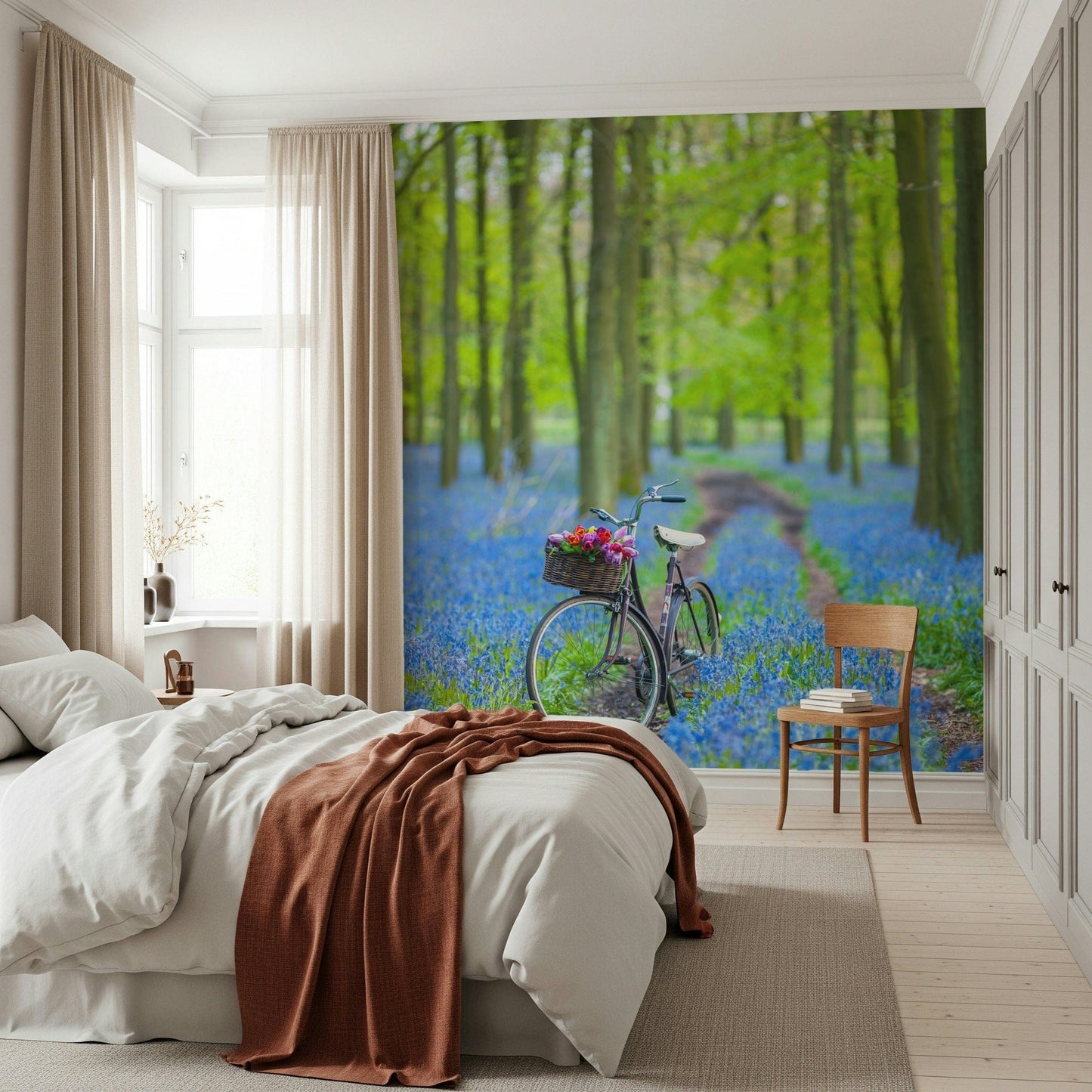 Bright green trees blue blossoms wall mural bike.