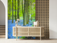Bluebell woods serene bicycle wallpaper mural artwork.